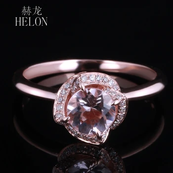 HELON Pevné 9k 14k Rose Gold Ring Bezchybný Kolo 6,5 mm Skutočné Morganite Diamanty, Zásnubný Prsteň Ženy Kvet Drahokam Šperky - Obrázok 1  