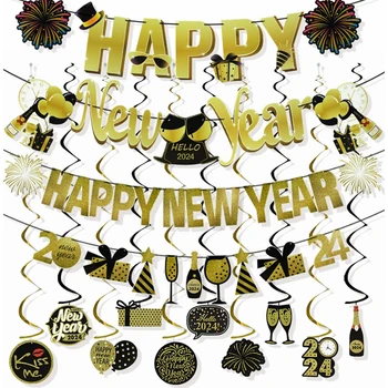 2024 Nový Rok Banner Čierne Zlato Šťastný Nový Rok Papierové Girlandy Vlajky Bunting Banner Domov Veselé Vianoce Strany Závesné Dekorácie - Obrázok 1  