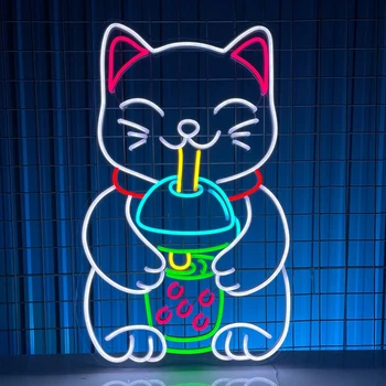 Vlastné Mačka Nápoje Bubble Tea Neónový nápis Príjemné Mačka Neon LED Svetlo, Káva, Mlieko, Čaj, Dezert Neon Dekor Shop Dekorácie Znamenia - Obrázok 1  