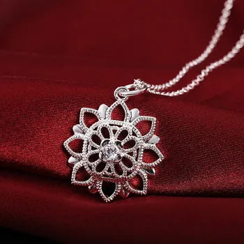 45 cm módne 925 Sterling Silver ušľachtilý Zirkón kvetina Náhrdelník Prívesok Pre Ženy zobrazili kľúčové tlačidlá strana svadobné Šperky, Vianočné darčeky - Obrázok 1  