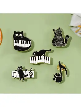5 ks žien karikatúra roztomilý black cat piano konštatuje série dizajn brošňa,denne zodpovedajúce oblečenie,tašky,doplnky,kovové odznaky - Obrázok 1  