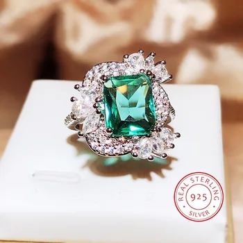 925 Silver Nové Imitácia Emerald Turmalín Plný Diamond Princess Námestie Temperament Otvorenie Krúžku Pre Ženy Strany Svadobný Dar - Obrázok 1  