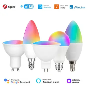 Tuya WIFI, Zigbee Smart Žiarovky E27/E14/E12/GU10/MR16 RGB CW Stmievateľné LED Lampy, Alexa Domovská stránka Google Alice eWelink App Control - Obrázok 1  