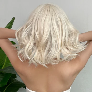 Krátke Bob Platinum Blonde Prirodzené Vlasy Parochňa s Ofinou na Cosplay Syntetické Zvlnené Zvlnené Svetla Blond Ženy Parochňu žiaruvzdorné - Obrázok 2  